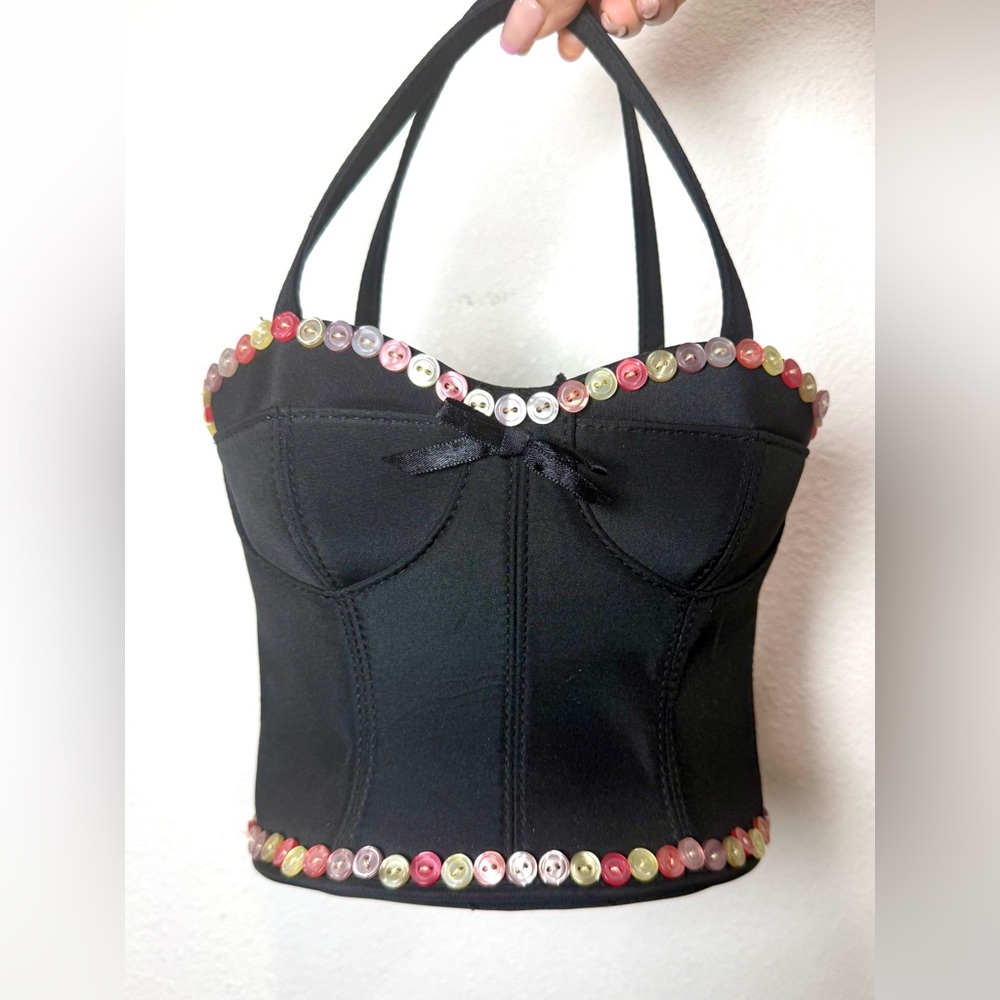 Y2K Corset Mini Bag Black Novelty Shoulder Bag Beaded Trim 90s Vintage Style